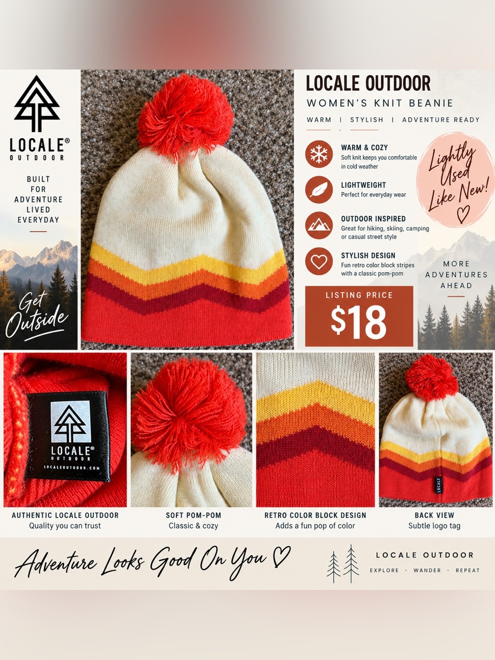 Locale Outdoor Women's Cream Knit Beanie with Red Pom and Retro Stripes